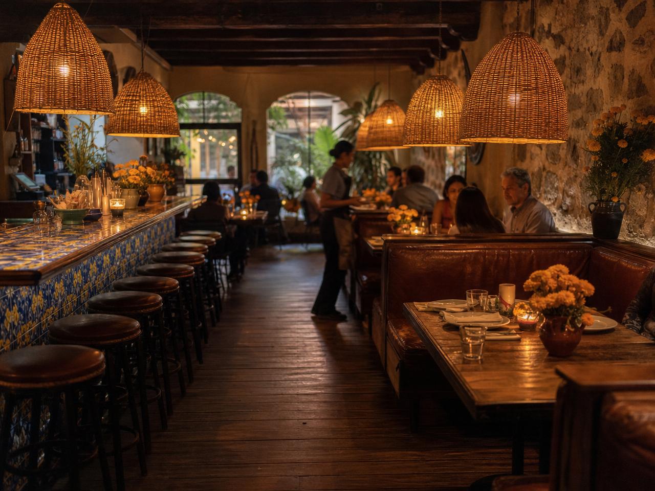 Warm interior with Talavera tile bar and woven pendant lanterns