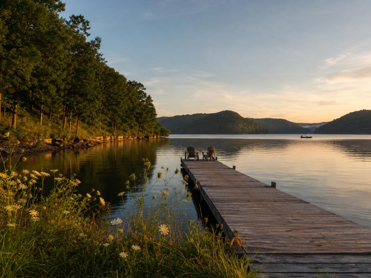 Lake Cumberland at sunset with wooden dock