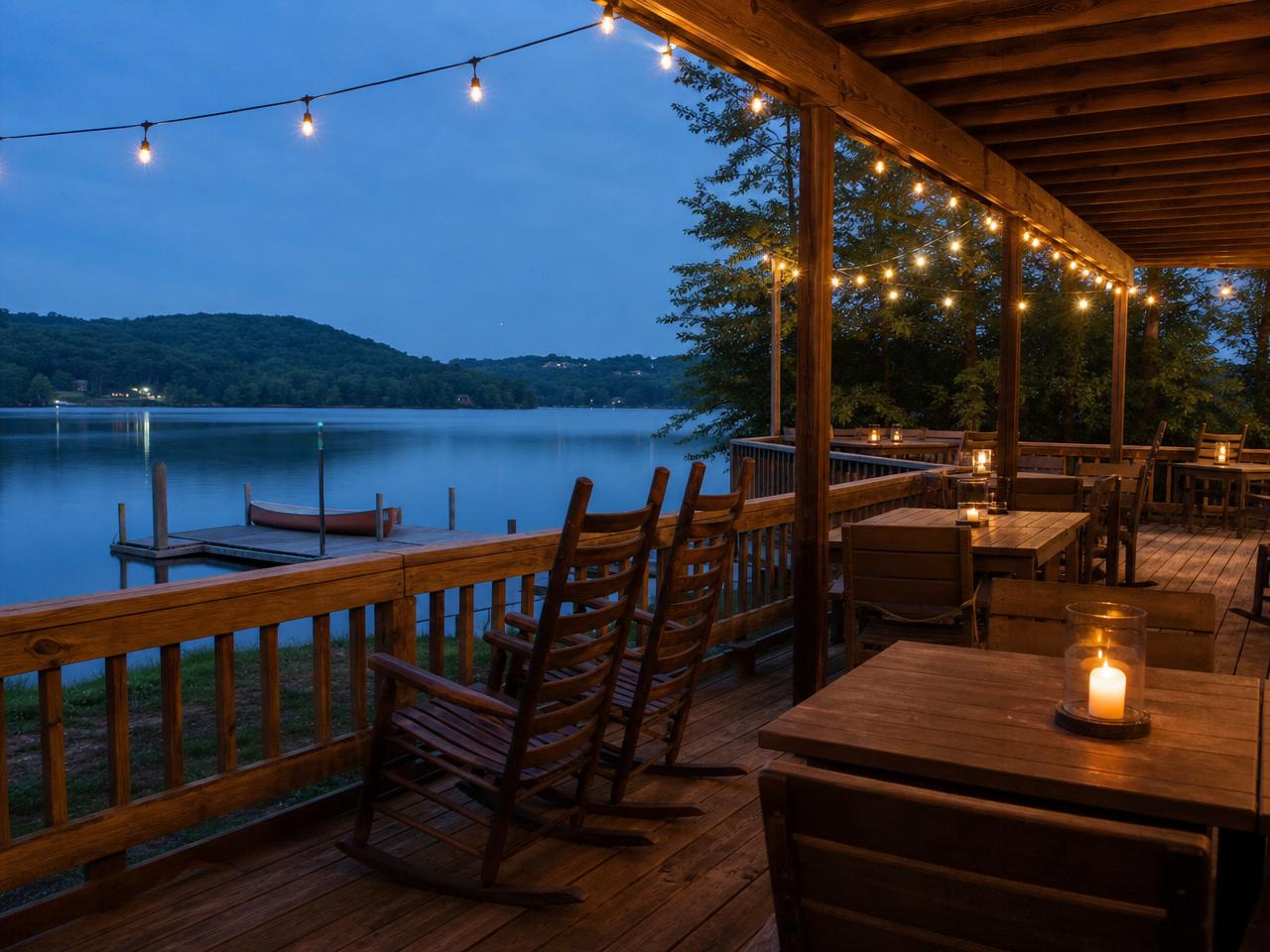Lakeside patio with string lights at dusk